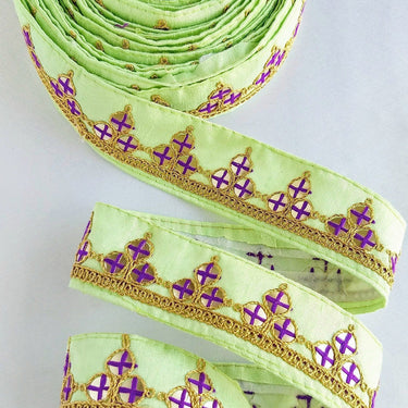 Mirrored Yellow/ Mint Green/ Cyan Blue/ Melon Orange Fabric Trim With Gold Embroidery, Indian Sari border - 210119L291/92/93/94